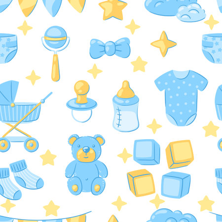 Baby shower pattern. New born baby boy Happy Birthday. Celebration symbols and items.のイラスト素材