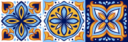 Portuguese ceramic tile pattern. Mediterranean traditional ornament. Italian pottery or spanish majolica.のイラスト素材