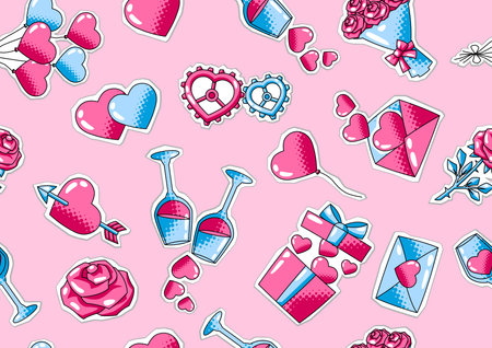 Happy Valentine Day pattern. Holiday background with romantic stickers and love symbols. Celebration illustration.のイラスト素材