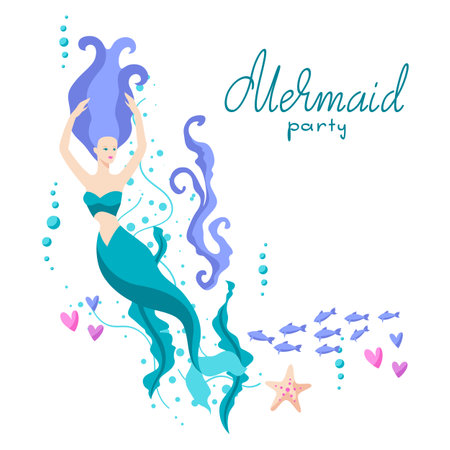 Background with mermaid. Image of underwater wonder or fabulous creation. Stylized illustration.のイラスト素材