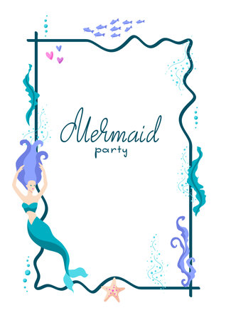 Frame with mermaid. Image of underwater wonder or fabulous creation. Stylized illustration.のイラスト素材