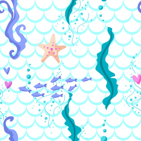 Pattern with sea creations. Underwater decorative fish and algae texture. Stylized illustration.のイラスト素材