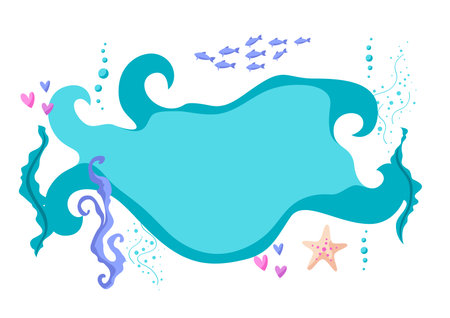 Background with sea creations. Underwater decorative fish and algae texture. Stylized illustration.のイラスト素材
