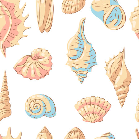 Seamless pattern with seashells. Tropical underwater mollusk shells decorative illustration.のイラスト素材