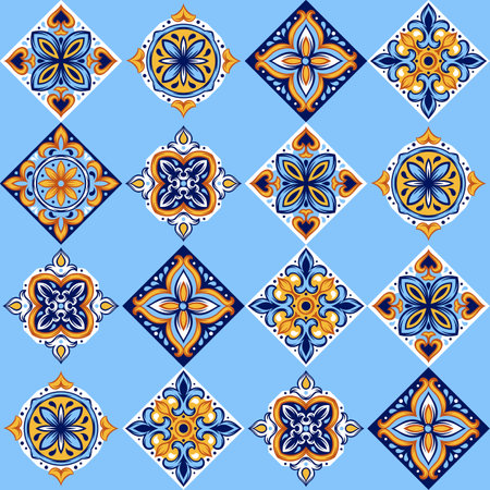 Portuguese ceramic tile pattern. Mediterranean traditional ornament. Italian pottery or spanish majolica.のイラスト素材
