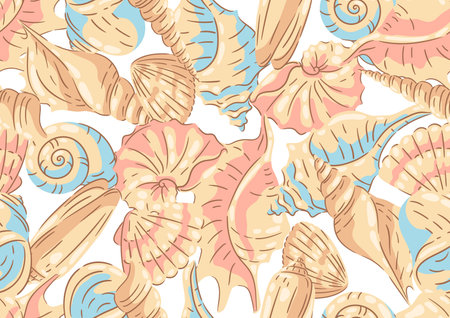 Seamless pattern with seashells. Tropical underwater mollusk shells decorative illustration.のイラスト素材