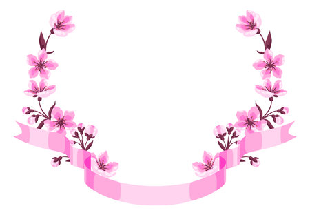 Ribbon with spring flowers. Apple, sakura or cherry blossom. Beautiful decorative blooming plants. Natural illustration.のイラスト素材