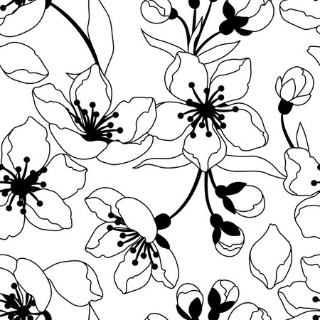 Pattern with spring flowers. Apple, sakura or cherry blossom. Beautiful decorative blooming plants. Natural illustration.のイラスト素材