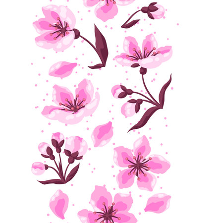 Pattern with spring flowers. Apple, sakura or cherry blossom. Beautiful decorative blooming plants. Natural illustration.のイラスト素材