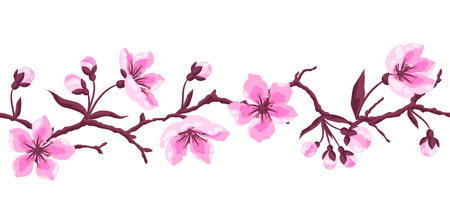 Pattern with spring flowers. Apple, sakura or cherry blossom. Beautiful decorative blooming plants. Natural illustration.のイラスト素材