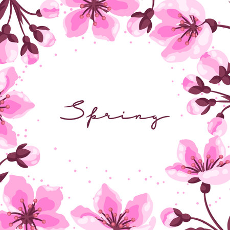 Background with spring flowers. Apple, sakura or cherry blossom. Beautiful decorative blooming plants. Natural illustration.のイラスト素材