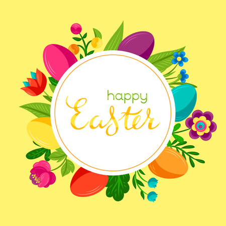 Happy Easter greeting card. Cute eggs and flowers for traditional celebration.のイラスト素材