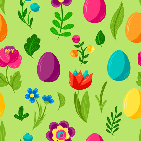 Happy Easter pattern. Cute bunnies, eggs and flowers for traditional celebration.のイラスト素材