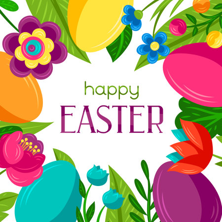 Happy Easter greeting card. Cute eggs and flowers for traditional celebration.のイラスト素材