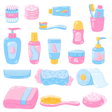 Set of hygiene objects. Washing, beauty, body care. Personal hygiene and self care items. Stylized image.のイラスト素材