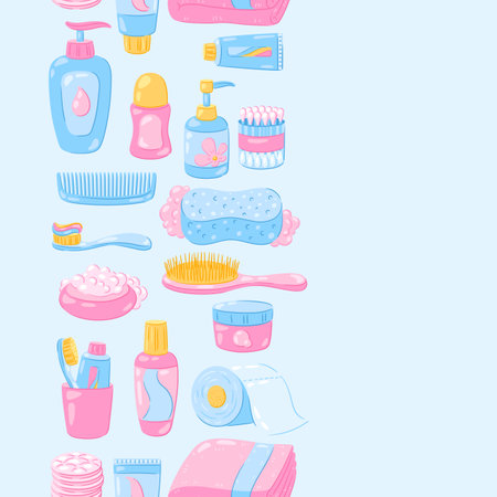 Pattern with hygiene objects. Washing, beauty, body care. Personal hygiene and self care items. Stylized image.のイラスト素材