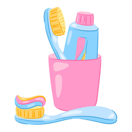 Illustration with hygiene objects. Washing, beauty, body care. Personal hygiene and self care items. Stylized image.のイラスト素材