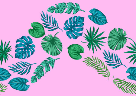 Pattern with stylized palm leaves. Decorative image of tropical foliage and plants. Exotic nature.のイラスト素材