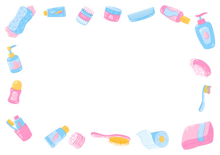 Background with hygiene objects. Washing, beauty, body care. Personal hygiene and self care items. Stylized image.のイラスト素材