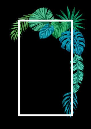 Frame with stylized palm leaves. Decorative image of tropical foliage and plants. Exotic nature.のイラスト素材