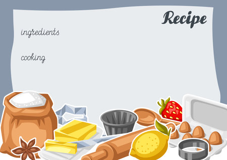 Background with bakery utensils. Cooking tools for home and recipe items. Stylized illustration.のイラスト素材