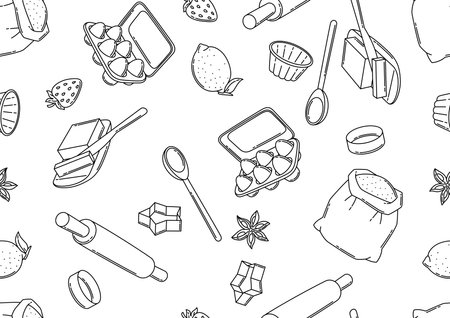 Pattern with bakery utensils. Cooking tools for home and recipe items. Stylized illustration.のイラスト素材