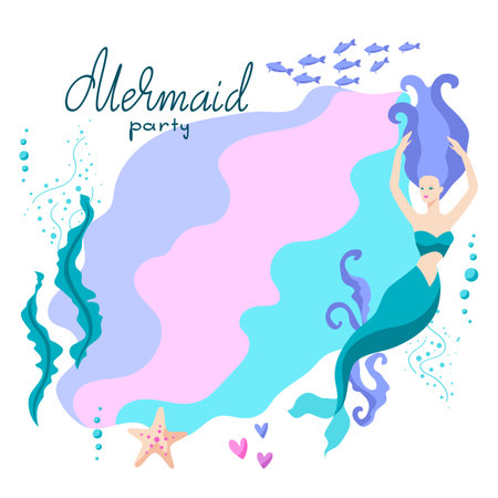 Background with mermaid. Image of underwater wonder or fabulous creation. Stylized illustration.のイラスト素材