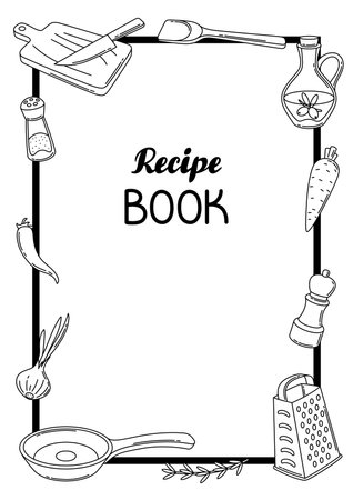 Background with kitchen utensils. Cooking tools for home and recipe items. Stylized illustration.のイラスト素材
