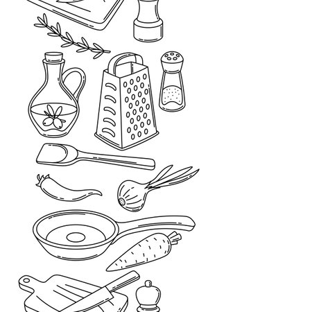 Pattern with kitchen utensils. Cooking tools for home and recipe items. Stylized illustration.のイラスト素材