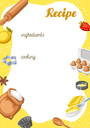 Background with bakery utensils. Cooking tools for home and recipe items. Stylized illustration.のイラスト素材