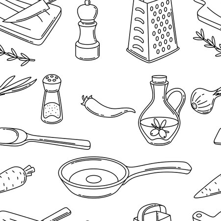 Pattern with kitchen utensils. Cooking tools for home and recipe items. Stylized illustration.のイラスト素材