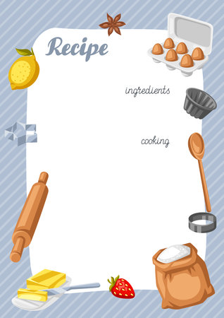 Background with bakery utensils. Cooking tools for home and recipe items. Stylized illustration.のイラスト素材