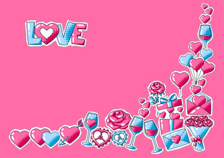 Happy Valentine Day greeting card. Holiday background with romantic stickers and love symbols. Celebration illustration.のイラスト素材