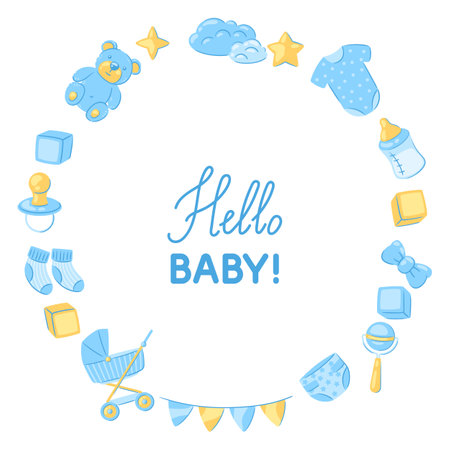 Baby shower frame. New born baby boy Happy Birthday. Celebration symbols and items.のイラスト素材