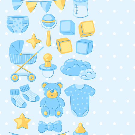 Baby shower pattern. New born baby boy Happy Birthday. Celebration symbols and items.のイラスト素材