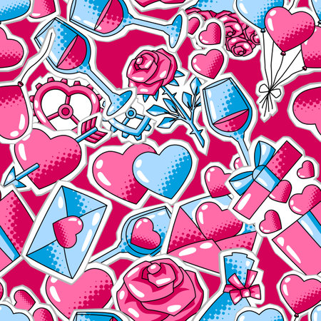Happy Valentine Day pattern. Holiday background with romantic stickers and love symbols. Celebration illustration.のイラスト素材
