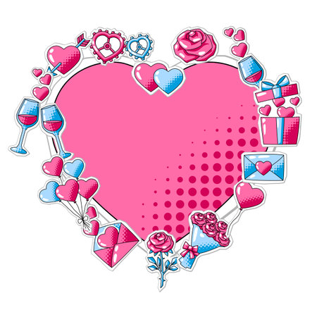 Happy Valentine Day greeting card. Holiday background with romantic stickers and love symbols. Celebration illustration.のイラスト素材