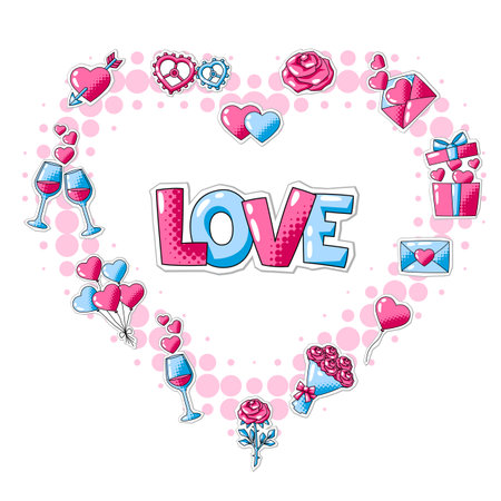 Happy Valentine Day greeting card. Holiday background with romantic stickers and love symbols. Celebration illustration.のイラスト素材