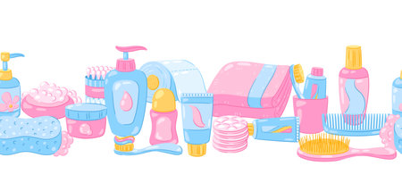 Pattern with hygiene objects. Washing, beauty, body care. Personal hygiene and self care items. Stylized image.のイラスト素材