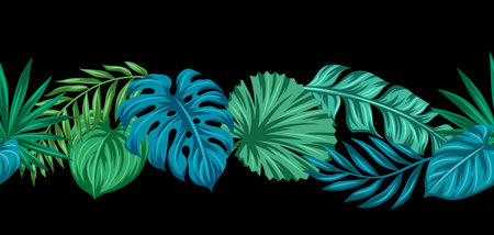 Pattern with stylized palm leaves. Decorative image of tropical foliage and plants. Exotic nature.のイラスト素材