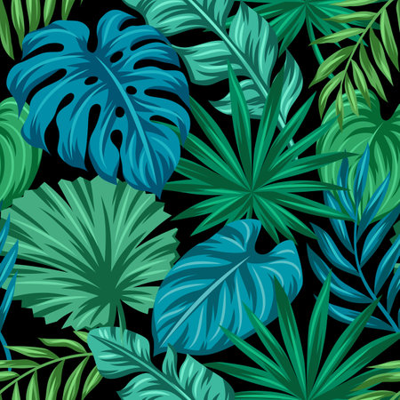 Pattern with stylized palm leaves. Decorative image of tropical foliage and plants. Exotic nature.のイラスト素材