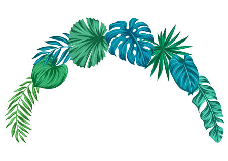 Background with palm leaves. Decorative image of tropical foliage and plants. Exotic nature.のイラスト素材