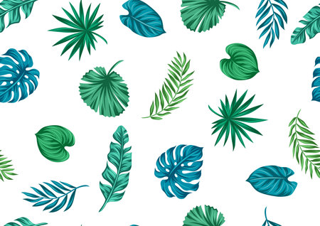 Pattern with stylized palm leaves. Decorative image of tropical foliage and plants. Exotic nature.のイラスト素材