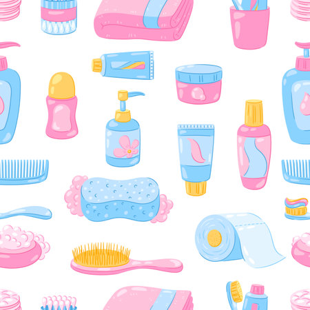 Pattern with hygiene objects. Washing, beauty, body care. Personal hygiene and self care items. Stylized image.のイラスト素材
