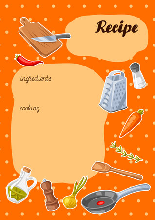 Background with kitchen utensils. Cooking tools for home and recipe items. Stylized illustration.のイラスト素材