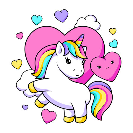 Print with unicorn. Happy birthday party design. Fairytale cartoon children illustration.のイラスト素材