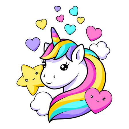 Print with unicorn. Happy birthday party design. Fairytale cartoon children illustration.のイラスト素材