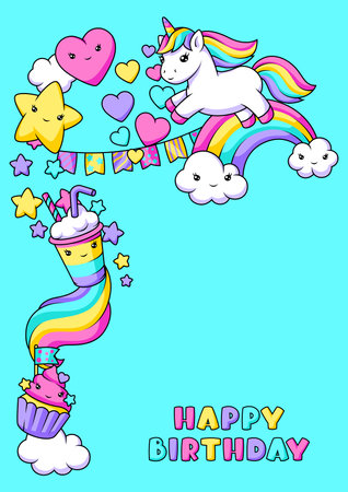 Background with unicorn. Happy birthday party invitation. Fairytale cartoon children illustration.のイラスト素材