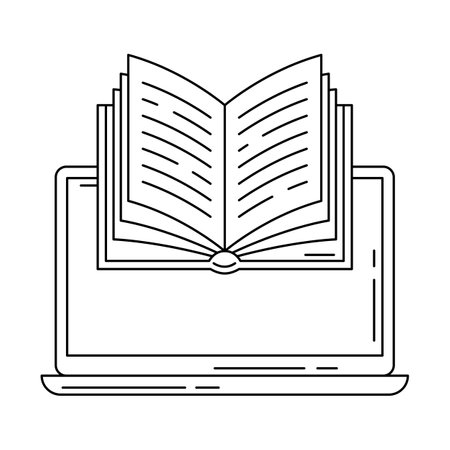 Laptop with open book. Digital library concept. E-book online reading.のイラスト素材