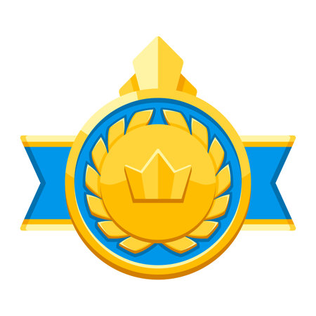 Gold medal with ribbon and laurel leaves . Game award for the winners. Illustration of prize for sports competitions.のイラスト素材